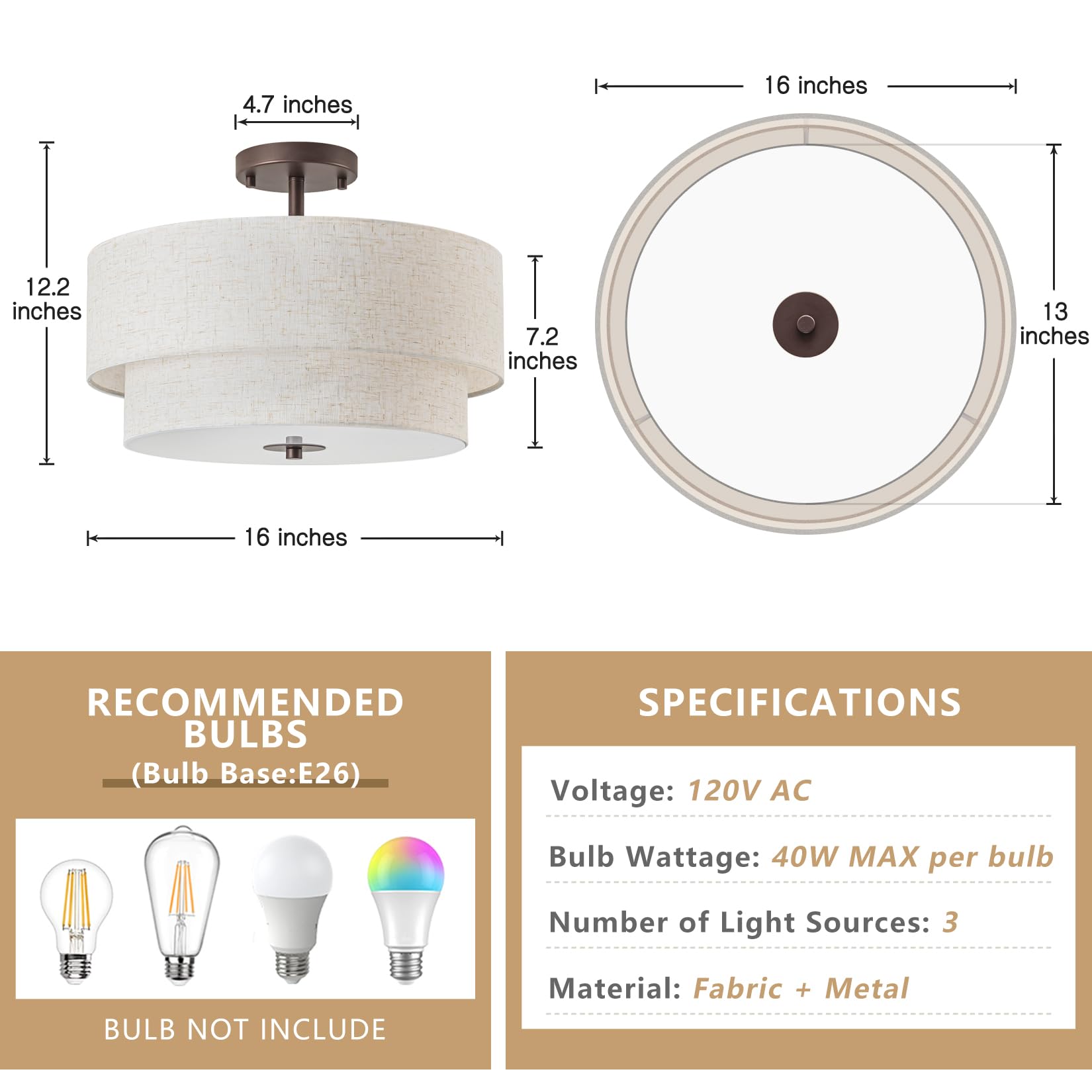 Bargeni 16'' Semi Flush Mount Ceiling Light, 3-Light Drum Ceiling Light Fixture, Oil Rubbed Bronze With Double Linen Fabric Shad