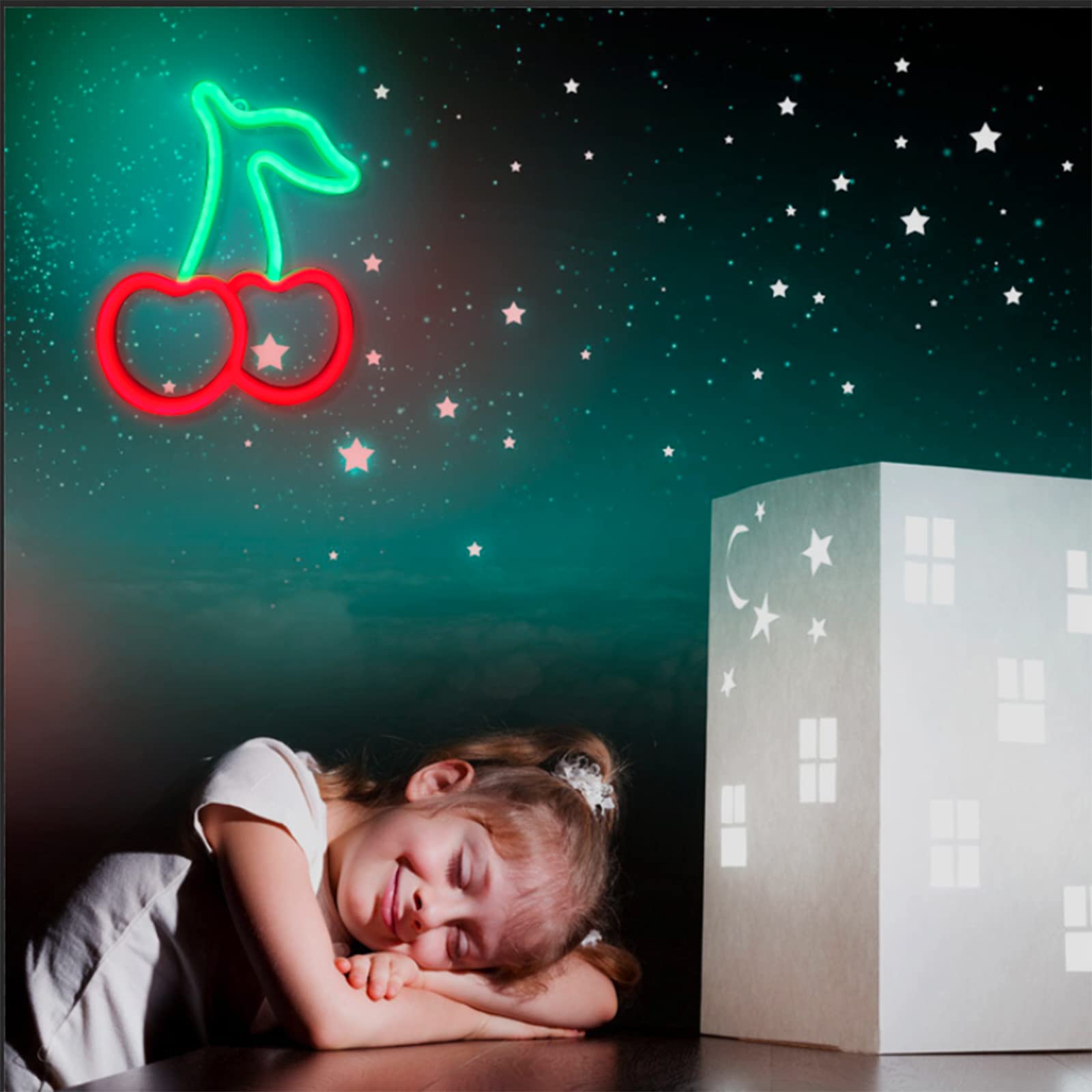 Enuoli Cherry Neon Light Decorative Art Neon Signs Cherry Night Lights Battery/Usb Powered Neon Signs For Bedroom Walls Night Li