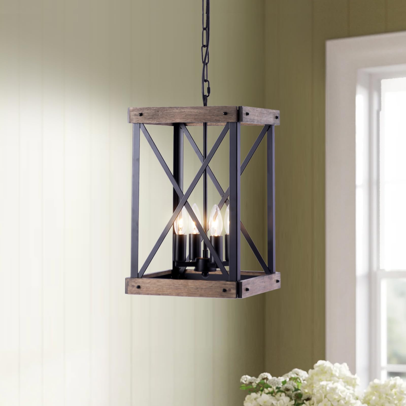 VILUXY Farmhouse Pendant Light Fixture, 4-Light Rustic Wood Grain Metal Hanging Lamp for Kitchen, Dining Room, Hallway, Entryway