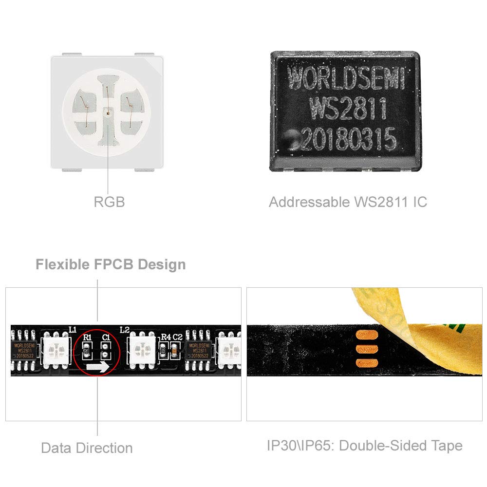 Btf-Lighting Ws2811 Ic=Rgb+Ic Addressable Dream Color Led Strip 16.4Ft 60Leds/M 20Pixels/M Non-Waterproof Black Pcb Flexible Dc1