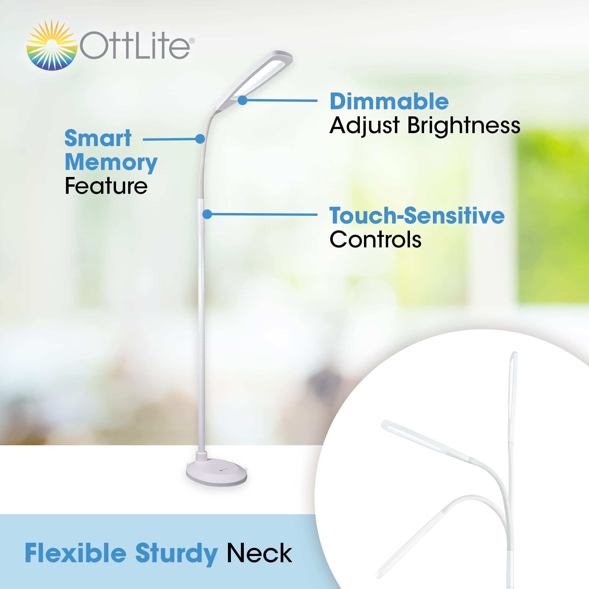 Ottlite Clearsun Flex Led Floor Lamp With Led Technology - Touch Activated Controls, Adjustable Neck, Smart Memory Feature - Gre