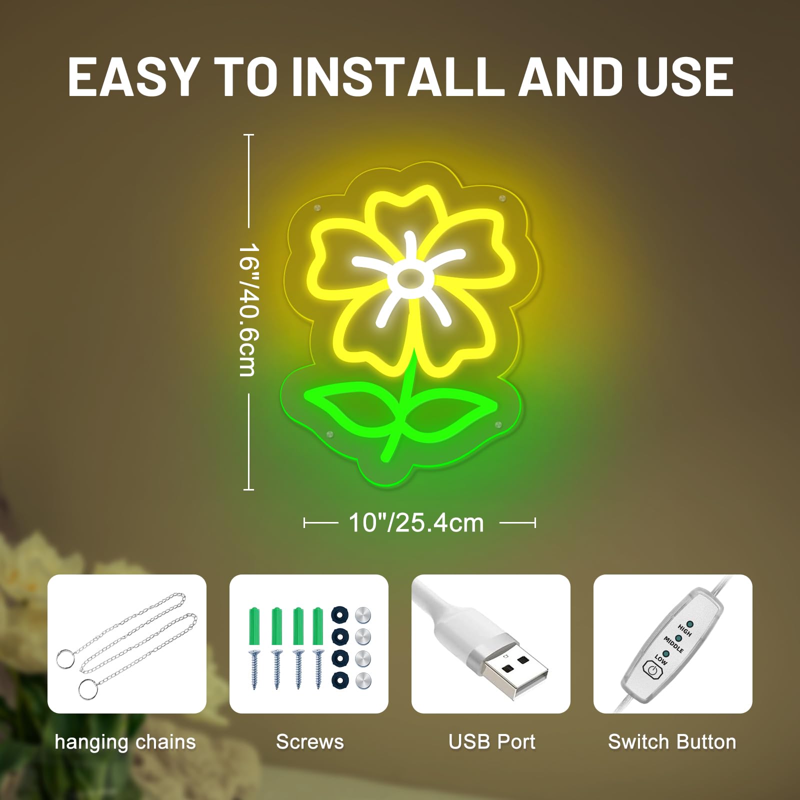 Mupanvid Flower Neon Sign Cute Flower Neon Light Signs By Usb With Switch Colorful Led Sign For Home Bedroom Girl Kid Room Party Game Room Spring Gift Lamp Decor
