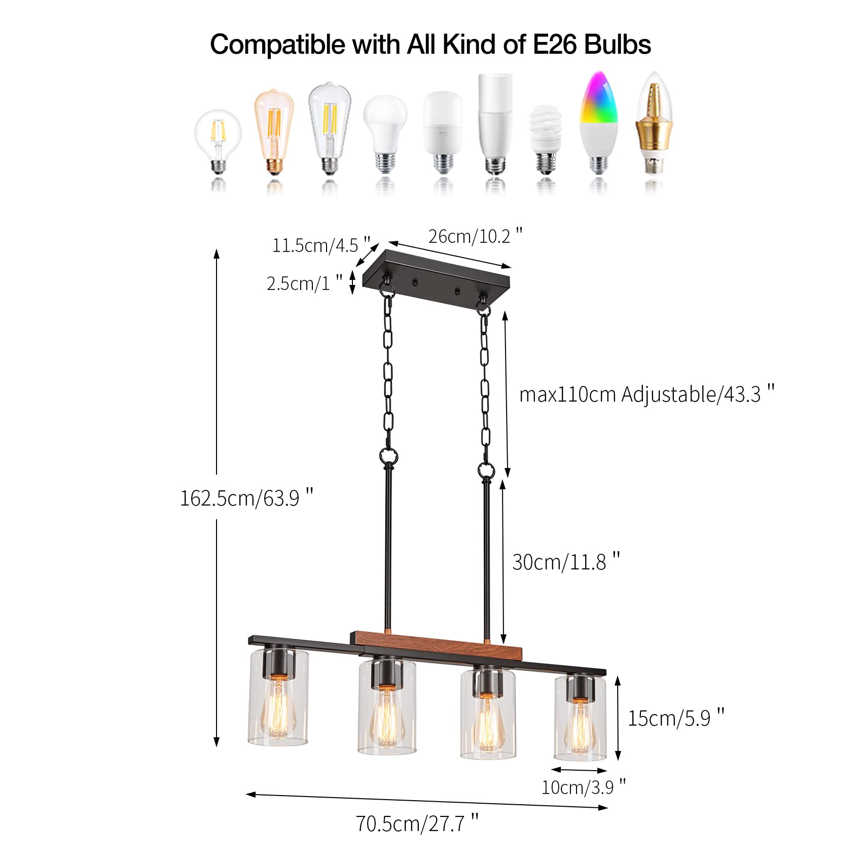 WILON 4-Light Kitchen Island Lighting Fixture, Rustic Black Chandelier with Clear Glass Shades, Model QLBD0055B