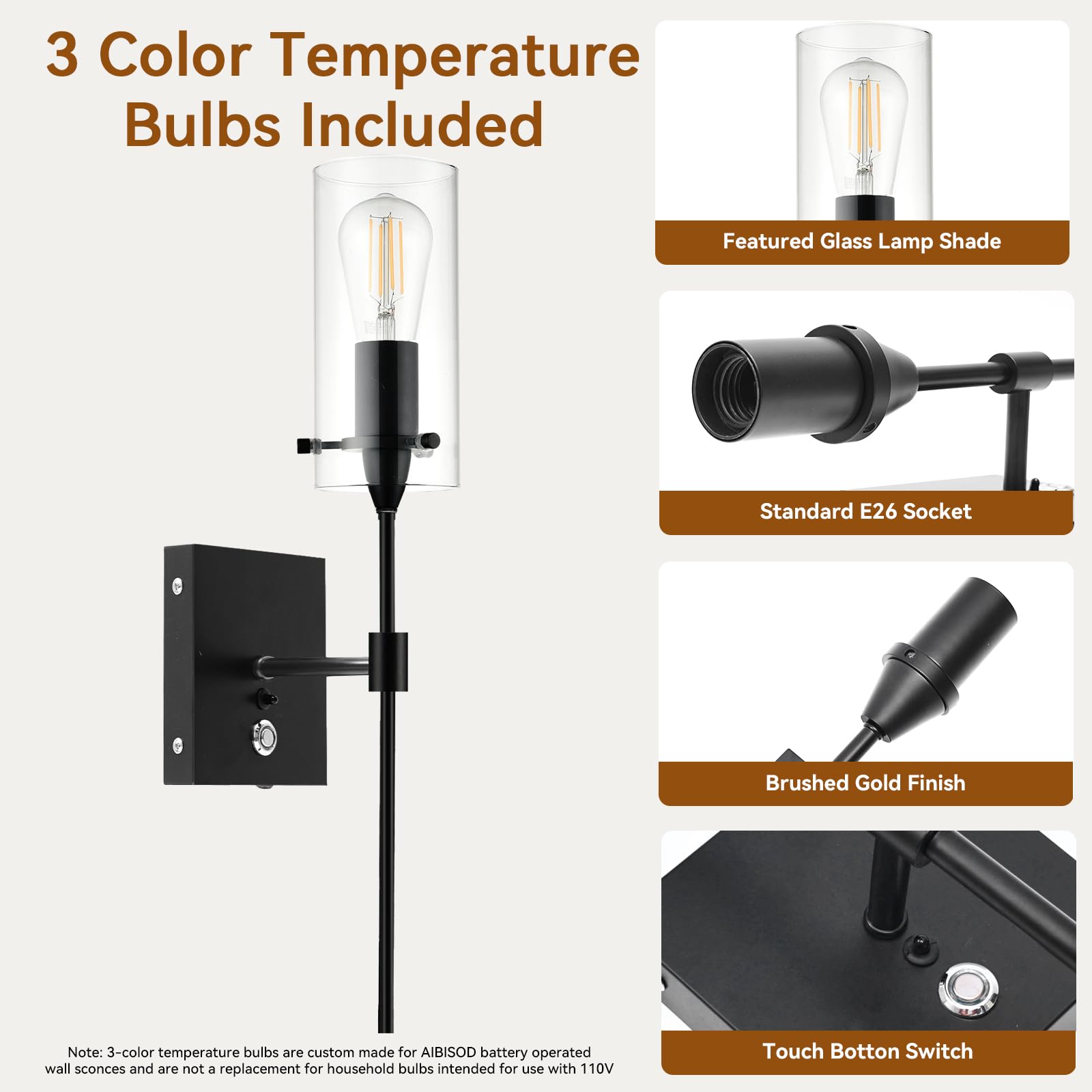 Aibisod 3-Color Battery Operated Wall Sconces Set Of 2 With Remote, Dimmable Indoor Wireless Wall Light, Black Indoor Battery Po