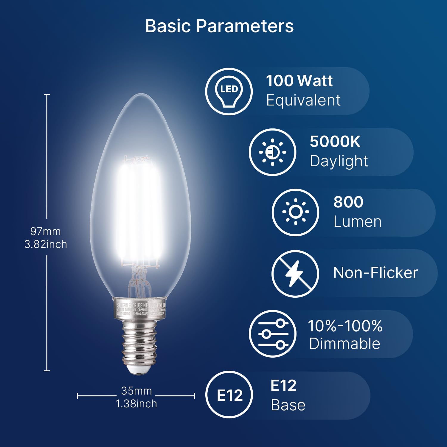 FLSNT Candelabra LED Bulbs 100W Equivalent 5000K Daylight Dimmable E12 Base 6 Pack