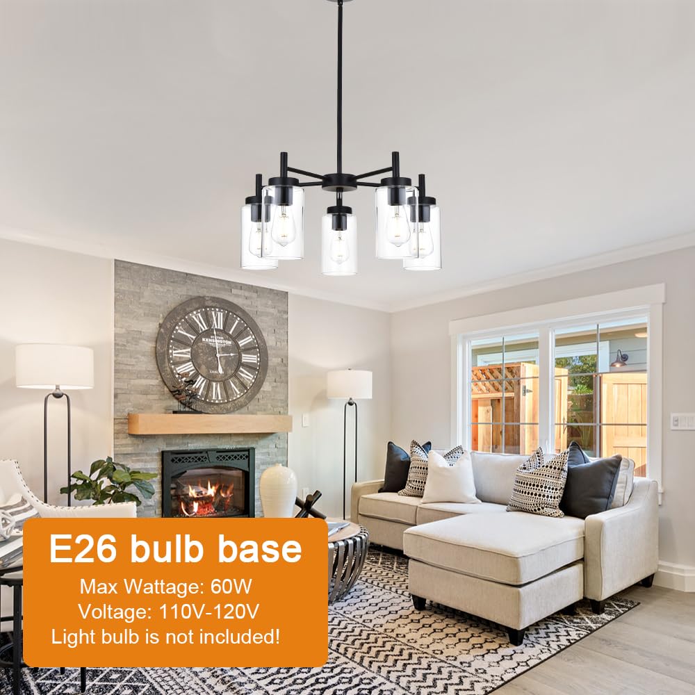 VINLUZ 5 Light Contemporary Black Chandelier, Metal with Clear Glass Shade, Model 1810-5-11, Ideal for Dining Room or Bedroom