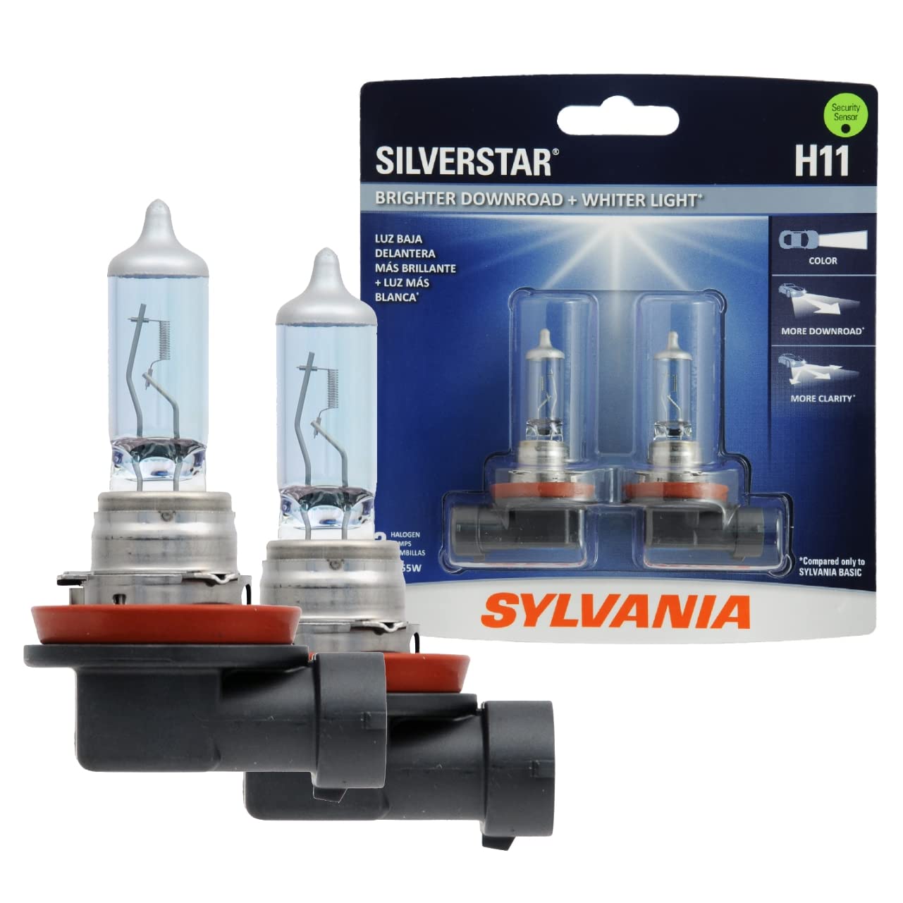 SYLVANIA H11 SilverStar Halogen Headlight Bulb - High Beam, Low Beam, Fog Light, 2 Count, Model H11ST.BP2