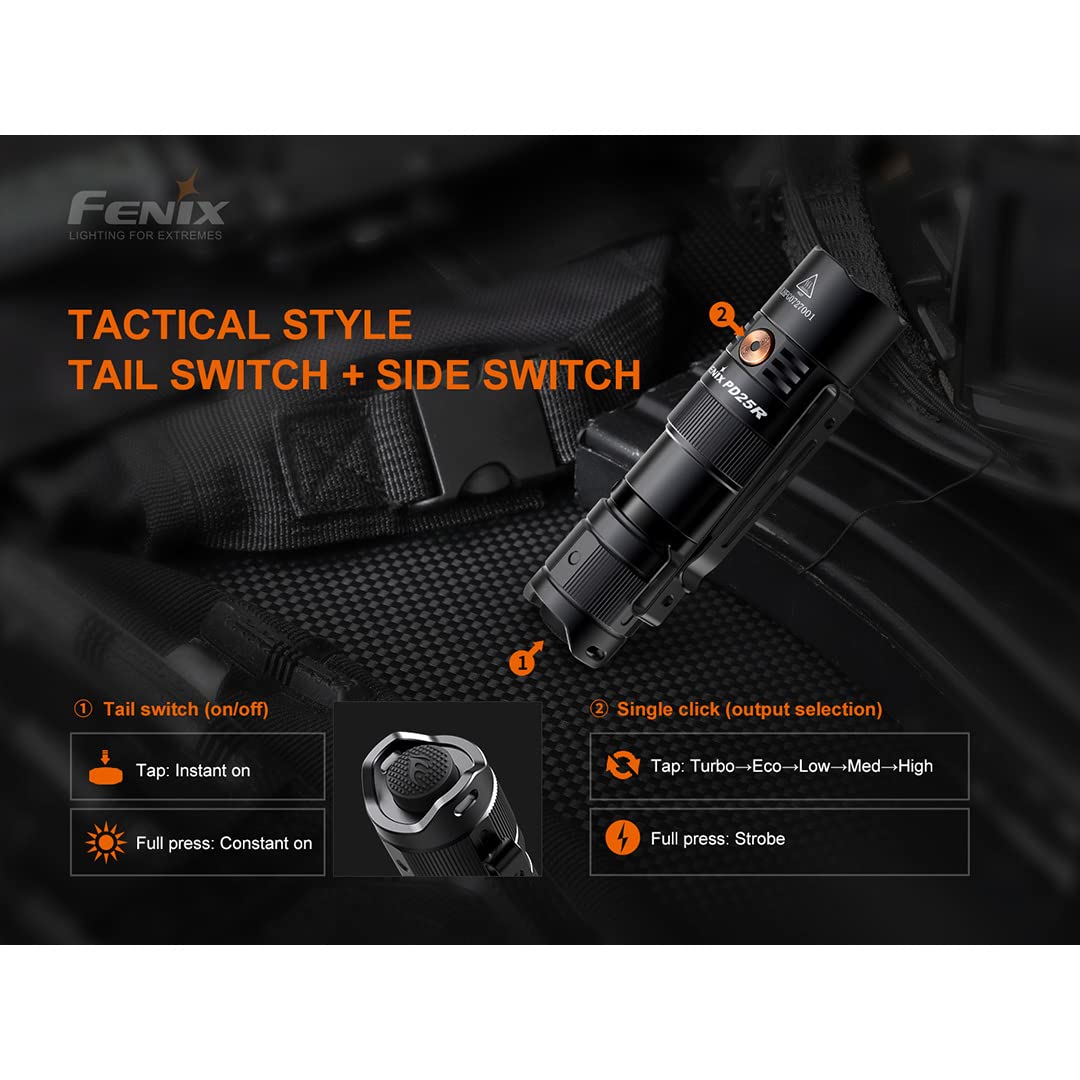 Fenix PD25R EDC Flashlight, 800 Lumen, USB-C Rechargeable, Dual Switch, Aluminum, Pocket Size, Black