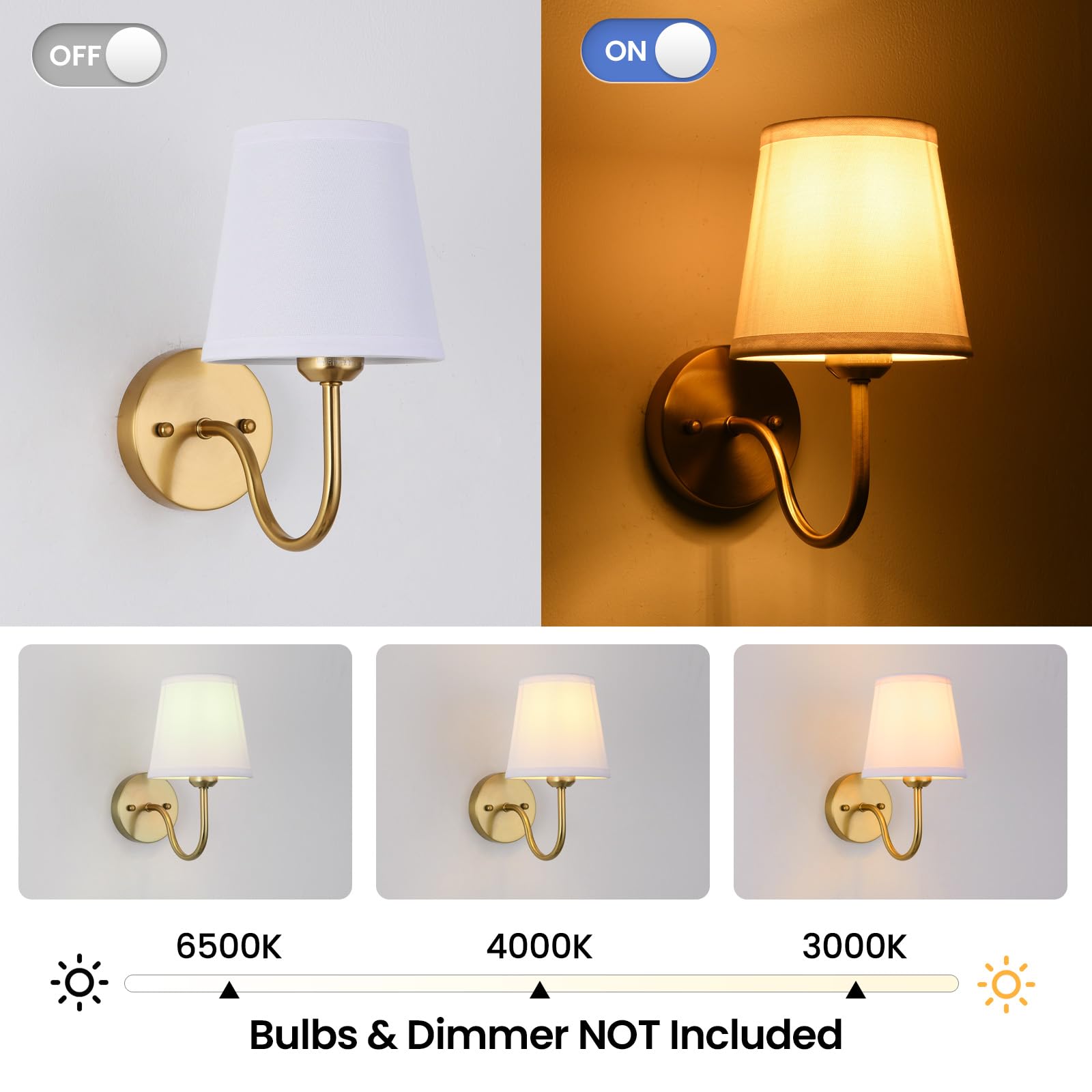 Smeike Gold Wall Sconce Set of 2 - Iron Vanity Lighting with Light Beige Shades, Model LW009-2PK for Bedroom, Living Room, Hallway