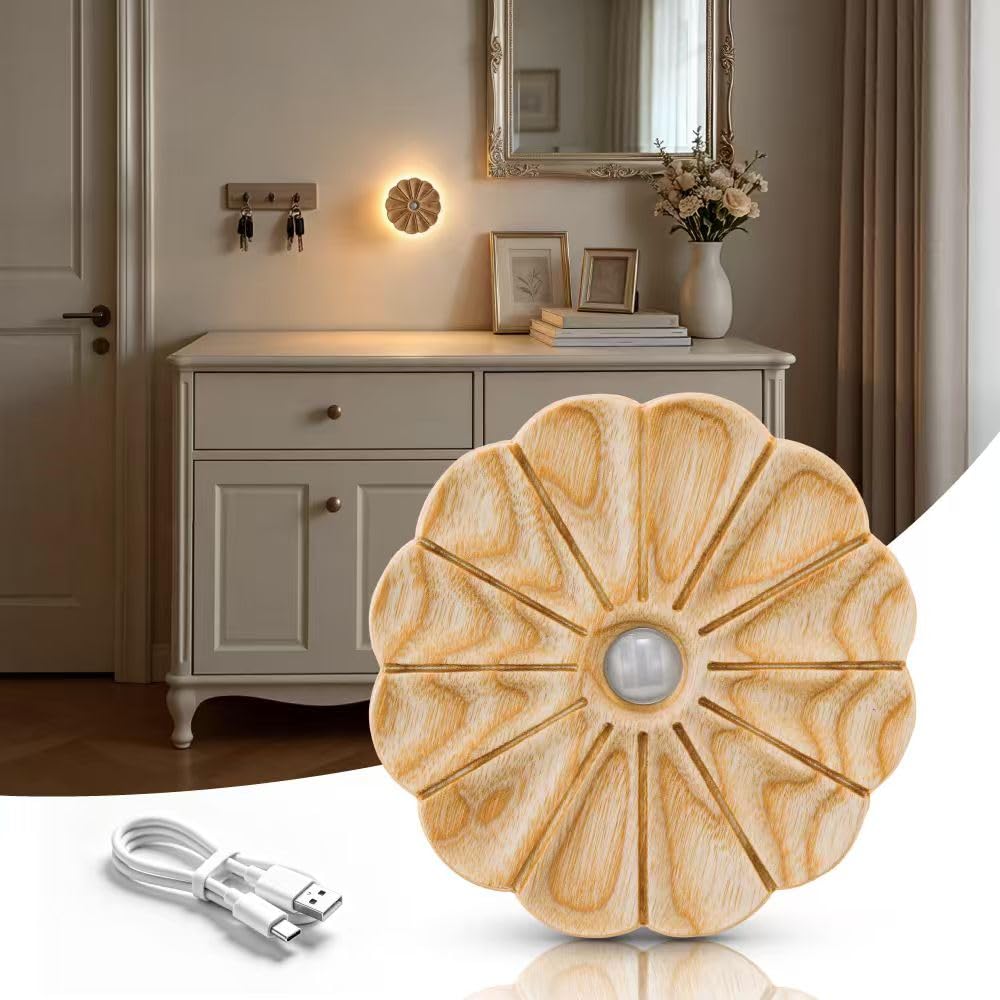 Vadifula Night Light Wooden Carved Flower Mini USB Rechargeable Motion Sensor Nightlights Magnetic Wall Light for Hallway, Bedro