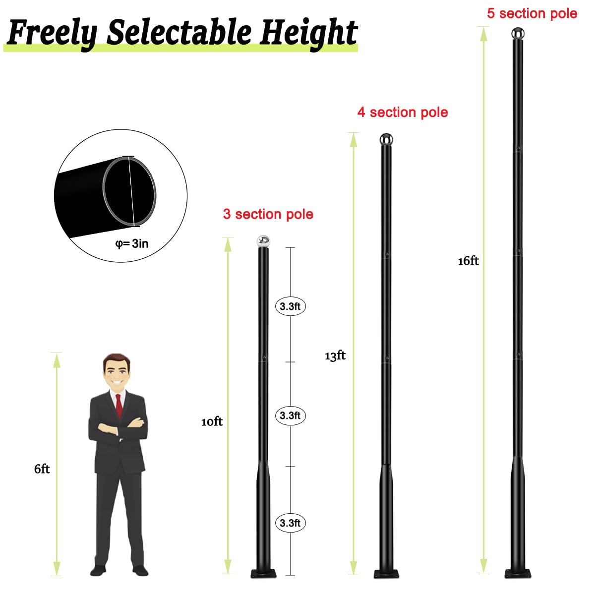 iFvBey 16ft Black Metal Street Light Pole - Adjustable Outdoor Lamp Post with Mounting Steel Anchors, Model DG005m