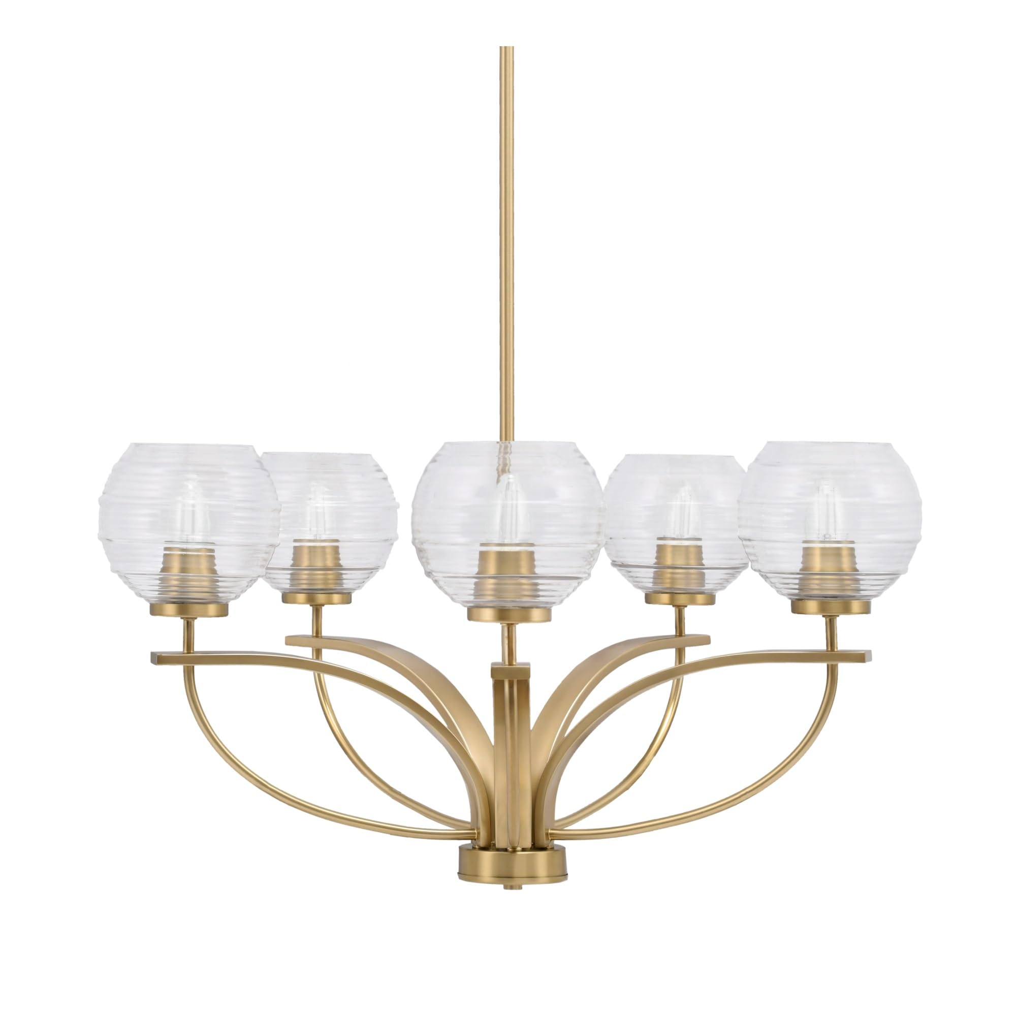 Toltec Lighting Cavella 5 Light, Uplight Chandelier, Hang Straight Swivel, New Age Brass Finish, 6&quot; Clear Ribbed Glass