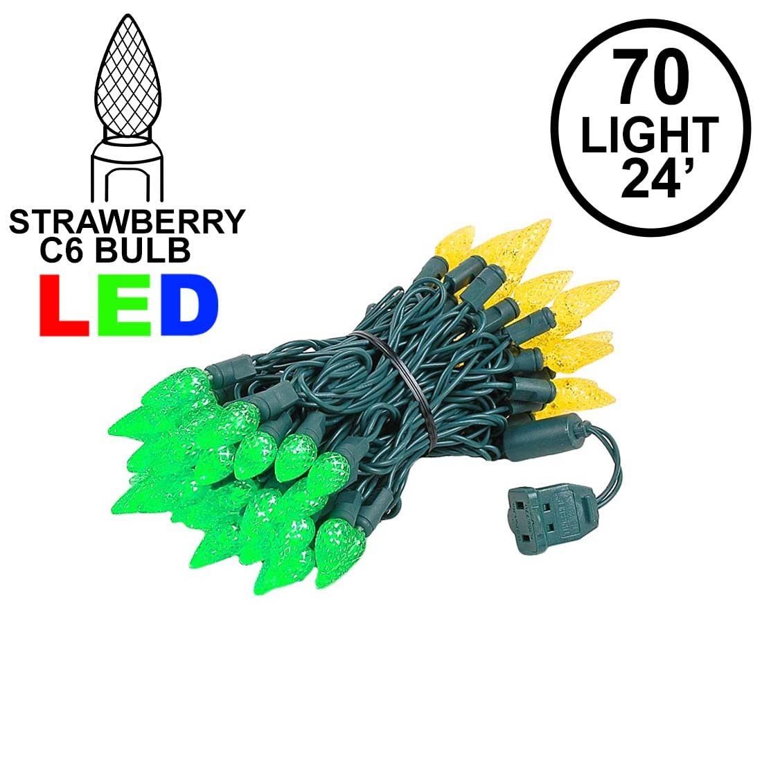 Novelty Lights C6 Led Christmas Mini Light Set, 70 Lights, 24Ft, Green/Yellow, Commercial Grade Outdoor String Lights, Green Wire