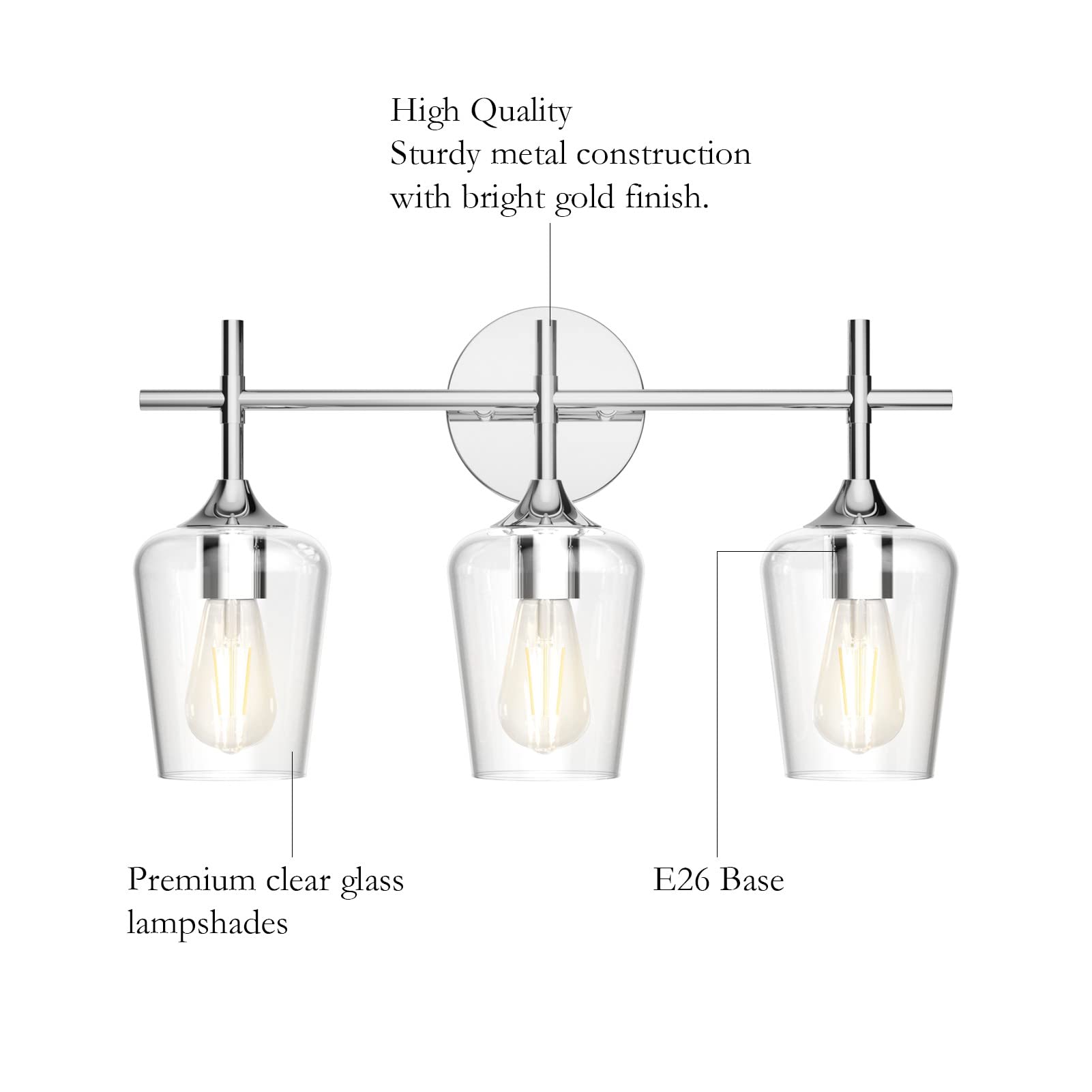 Ralbay Vintage 3-Light Vanity Light Fixture, Chrome, Glass, Model 2031, Industrial Style Bathroom Lighting Over Mirror
