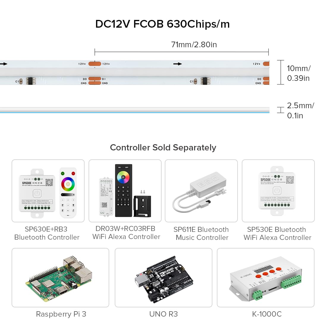 BTF-LIGHTING RGB COB LED Strip, 32.8FT, 630LED/m, White PCB, DC12V, Model 9cf3530a-ea16-468e