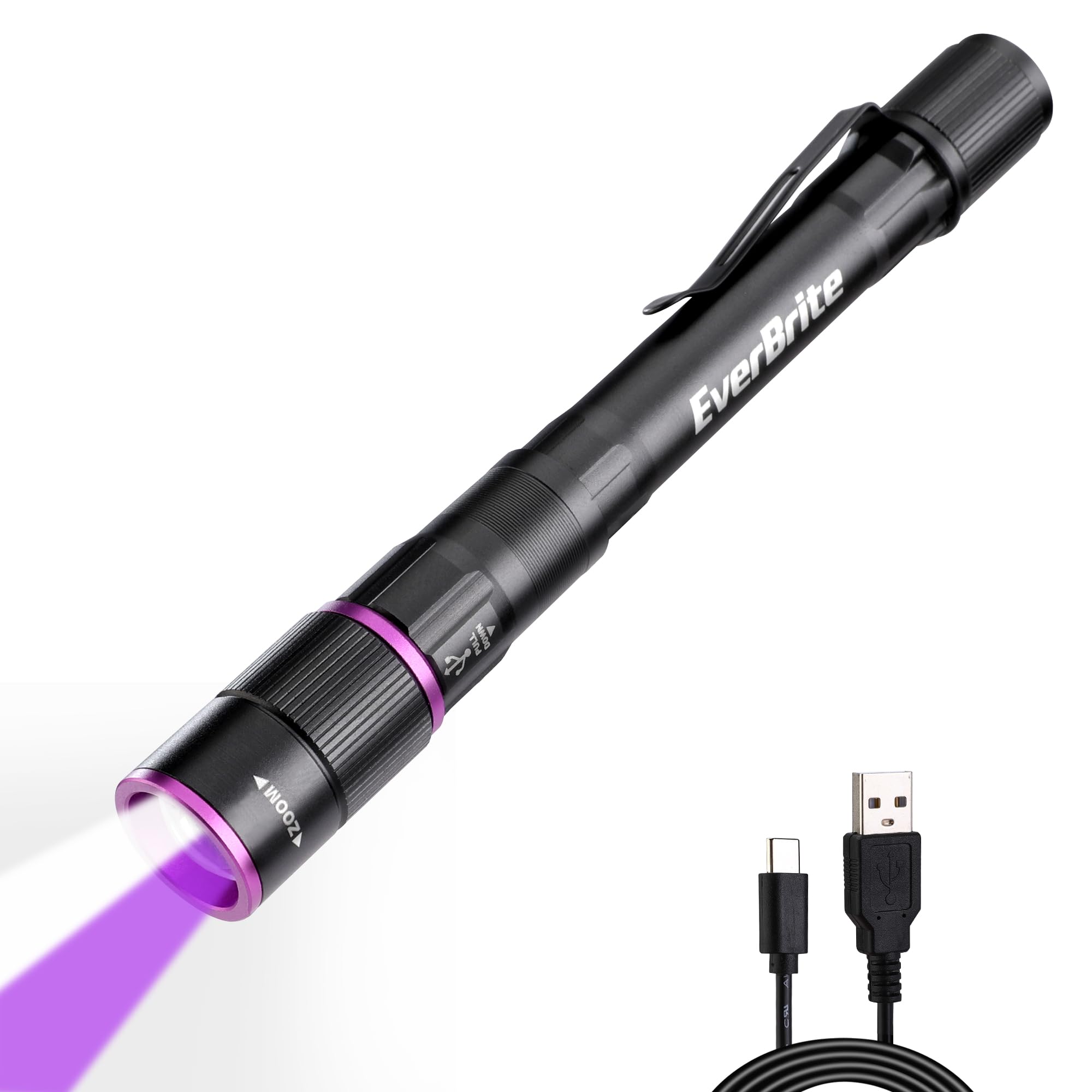 EverBrite Rechargeable Pen Flashlight with UV Light and White Light, 395nm Black Flashlight with Clip, Zoomable 4 Modes with Mem