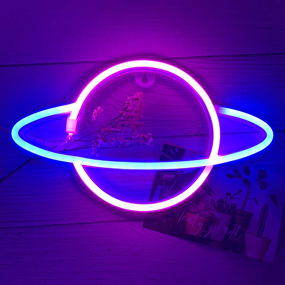 Blue Pink Color Galaxy Planet Neon Sign Light Glow in The Dark Ceiling Hanging Home Wall Party Decor,LED Hang Planets Neon Sign