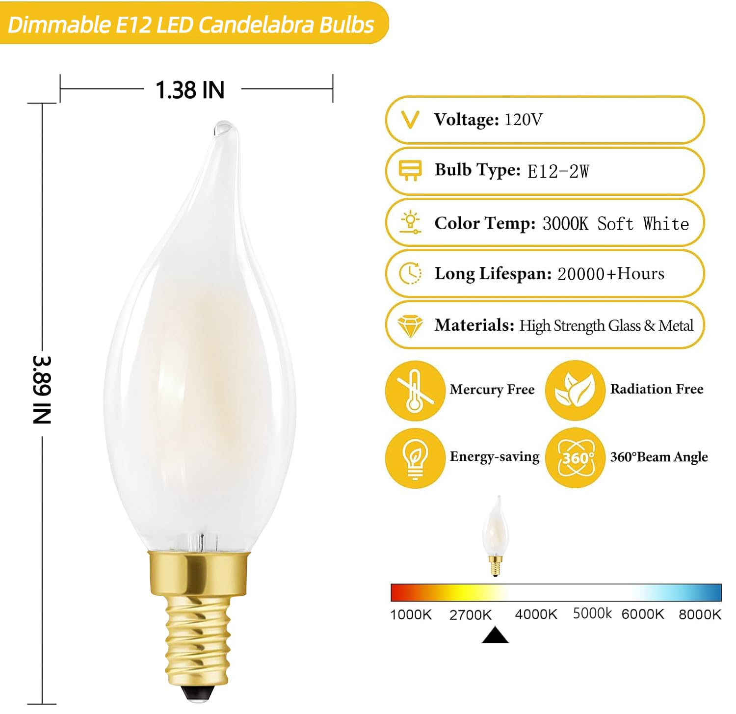 Homosum E12 Frosted Candelabra Light Bulbs, 2W Equivalent 20W, Soft White 3000K,250Lm,Dimmable Chandelier Led Bulbs For Dining R