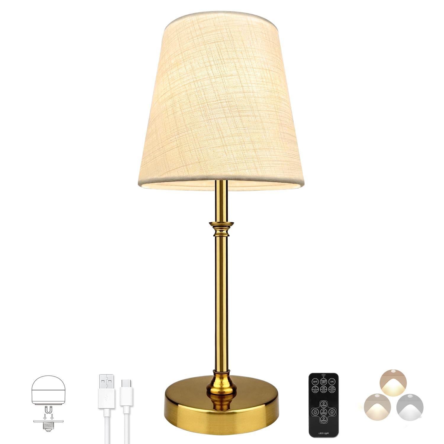 BLUEYE Cordless Table Lamps,Remote Control,5200mAh,No Flicker,2700K-6000K,Rechargeable Bulb,50W Equivalent,Retro Style,Fabric Sh