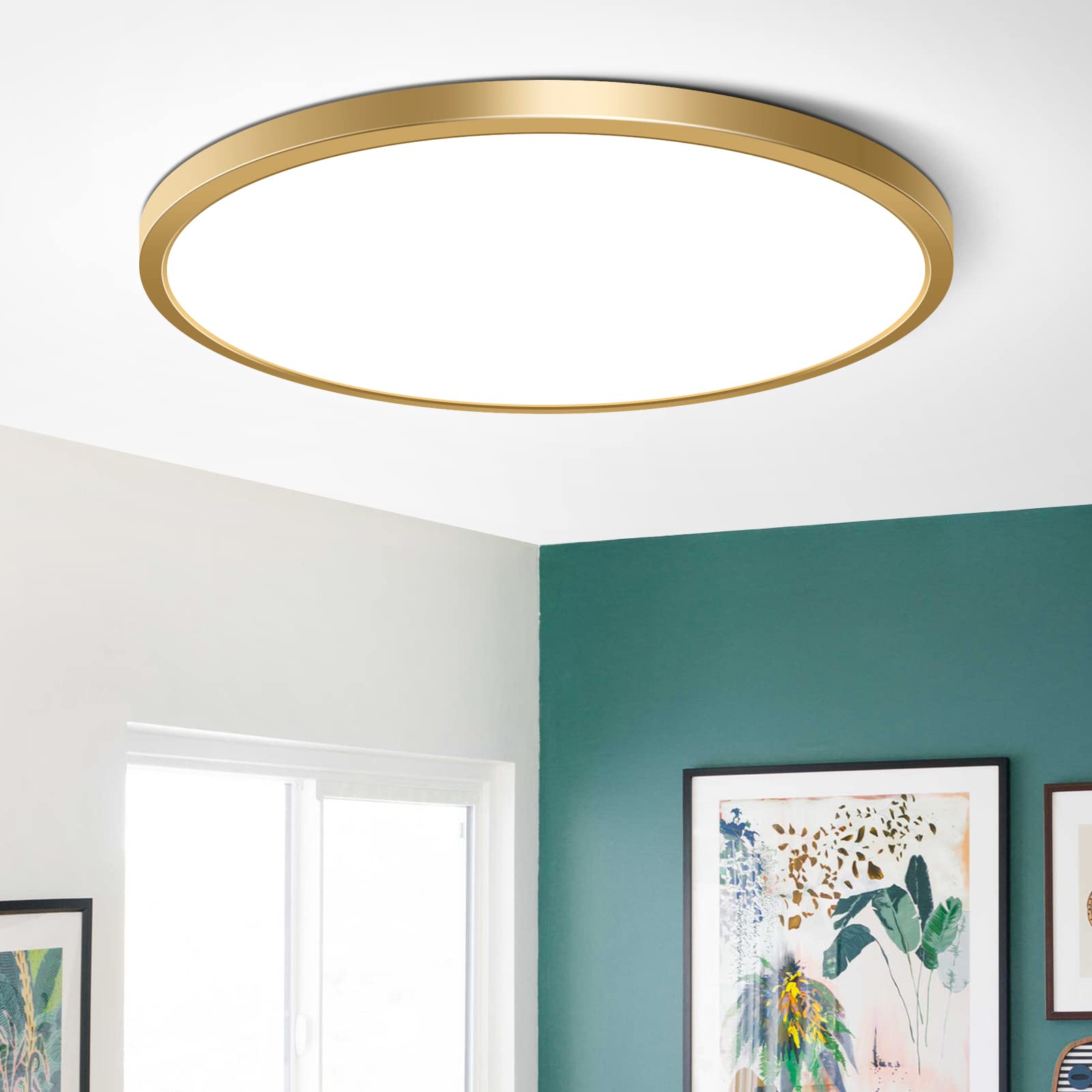 15.7Inch LED Ceiling Light Fixture Flush Mount  32W(320W Equivalent)  3800LM  5000K Daylight White  IP40  Flat Modern Round Ceiling Light for Bedrooms  Living Rooms  Bathrooms  Stairwells  etc.(Gold)