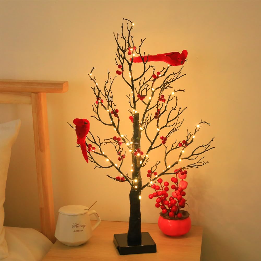 ZWJFDCBD Vintage Glowing Tree - 21in LED Twinkle Lamp, Battery Powered, Red, Copper Wire + ABS, Perfect for Christmas & Home Décor