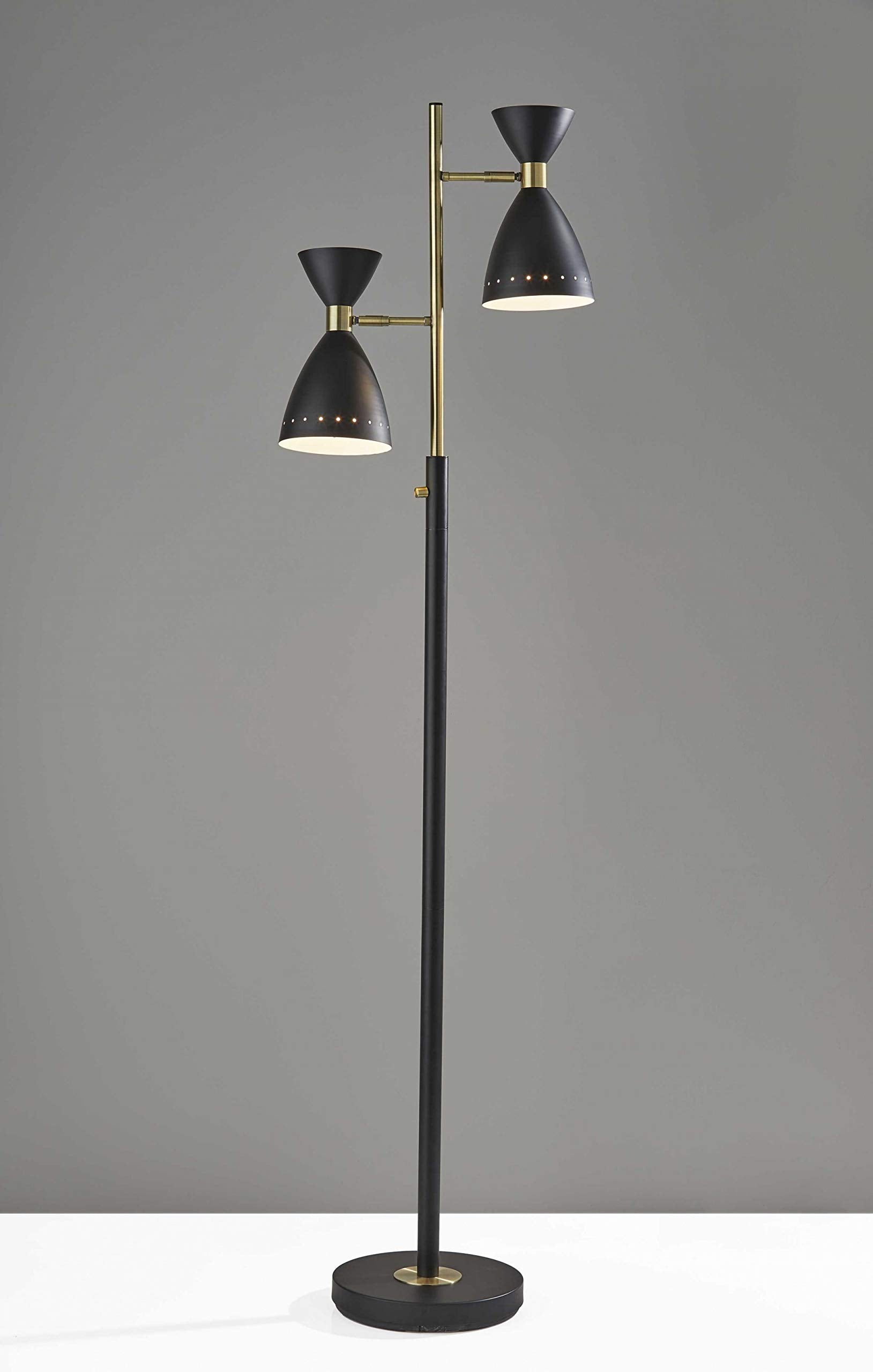 HomeRoots Two Light Floor Lamp, Brass and Black Metal, Modern Design