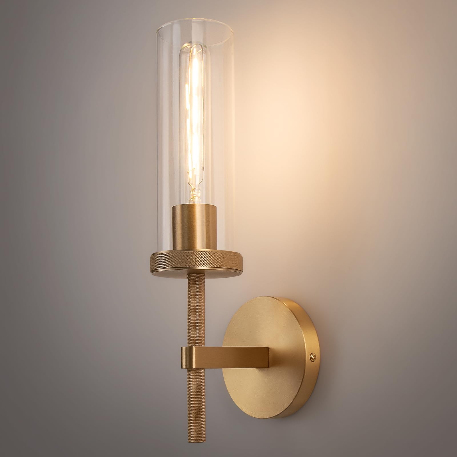 Vookea 15 Knurled Brass Wall Sconce with Clear Glass Tube, Gold Bathroom Vanity Light Fixtures, Modern Lamp Lighting for Bedroom