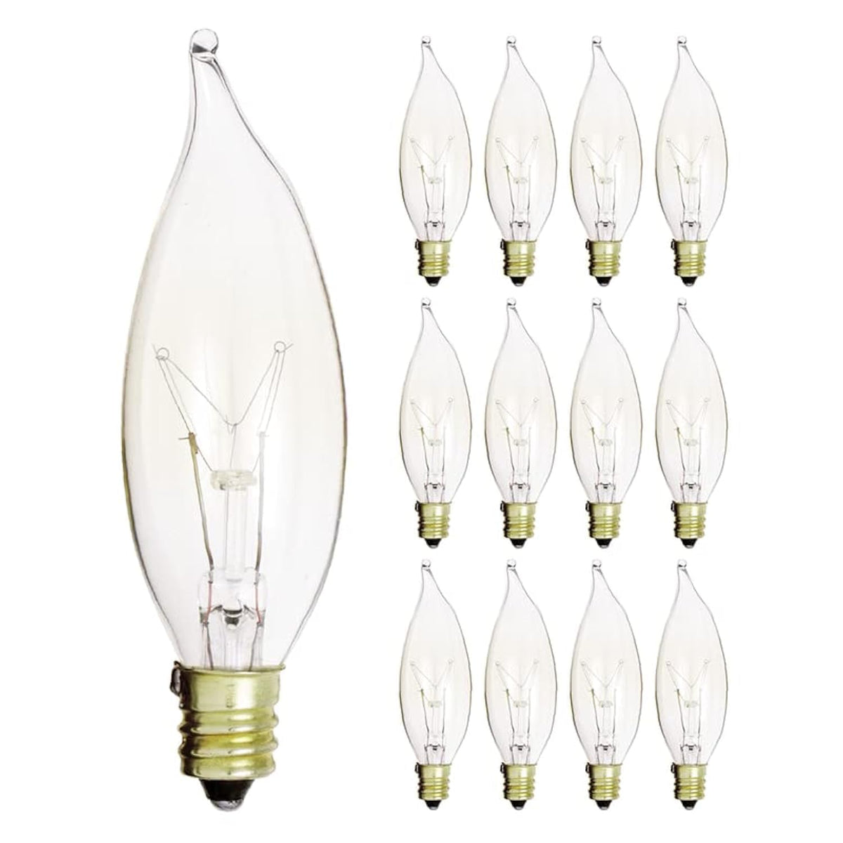 Kor (Pack Of 12) 15 Watt Clear Candelabra Base (E12) Flame Tip 120V Decorative Dimmable Chandelier Lights Bulbs