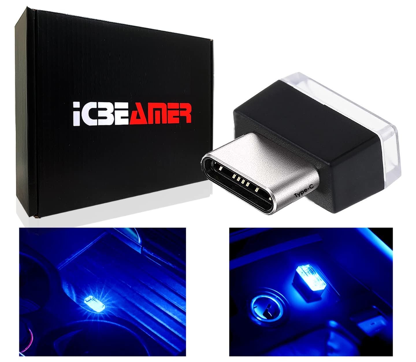ICBEAMER Type C Adapter Miniature Night Light USB Car Interior Trunk Ambient Blue Model TYPE-C-BL-AMA