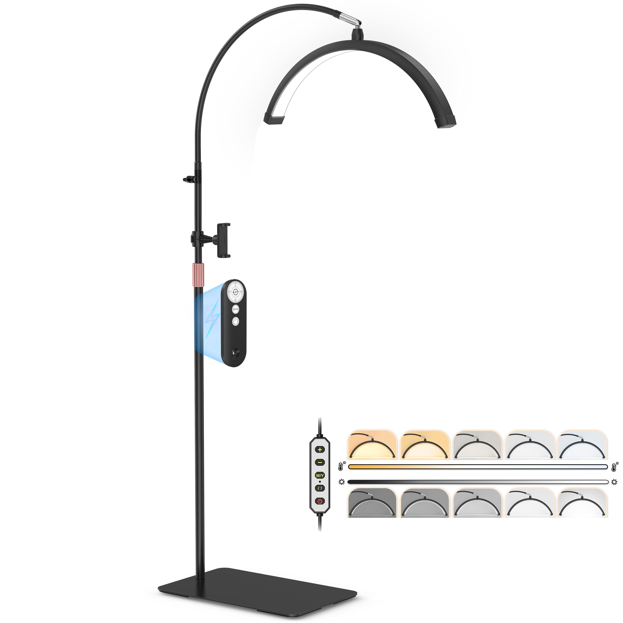 MEIAOELEC Half Moon Light for Lash Tech  Flexible Lash Lamp with Phone Holder for Eyelash Nail Art Tattoos Skincare  LED Floor Lamp Esthetician Light with 5 Color Temperatures & Brightness Setting
