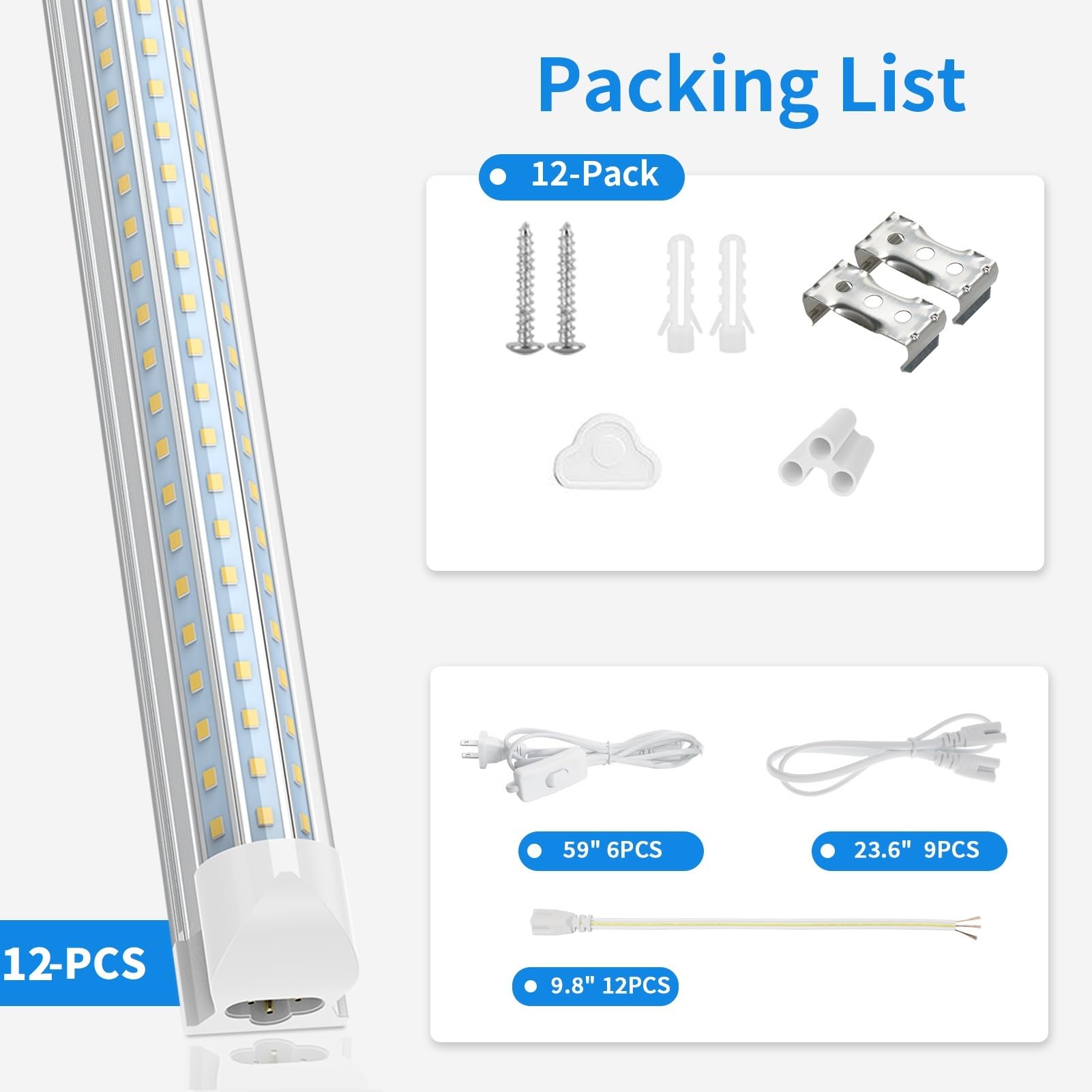 SHOPLED LED Shop Light 8FT, 90W 11700LM, 6000K Cool White, Linkable T8 Tube Light, D-Shape, 12 Pack