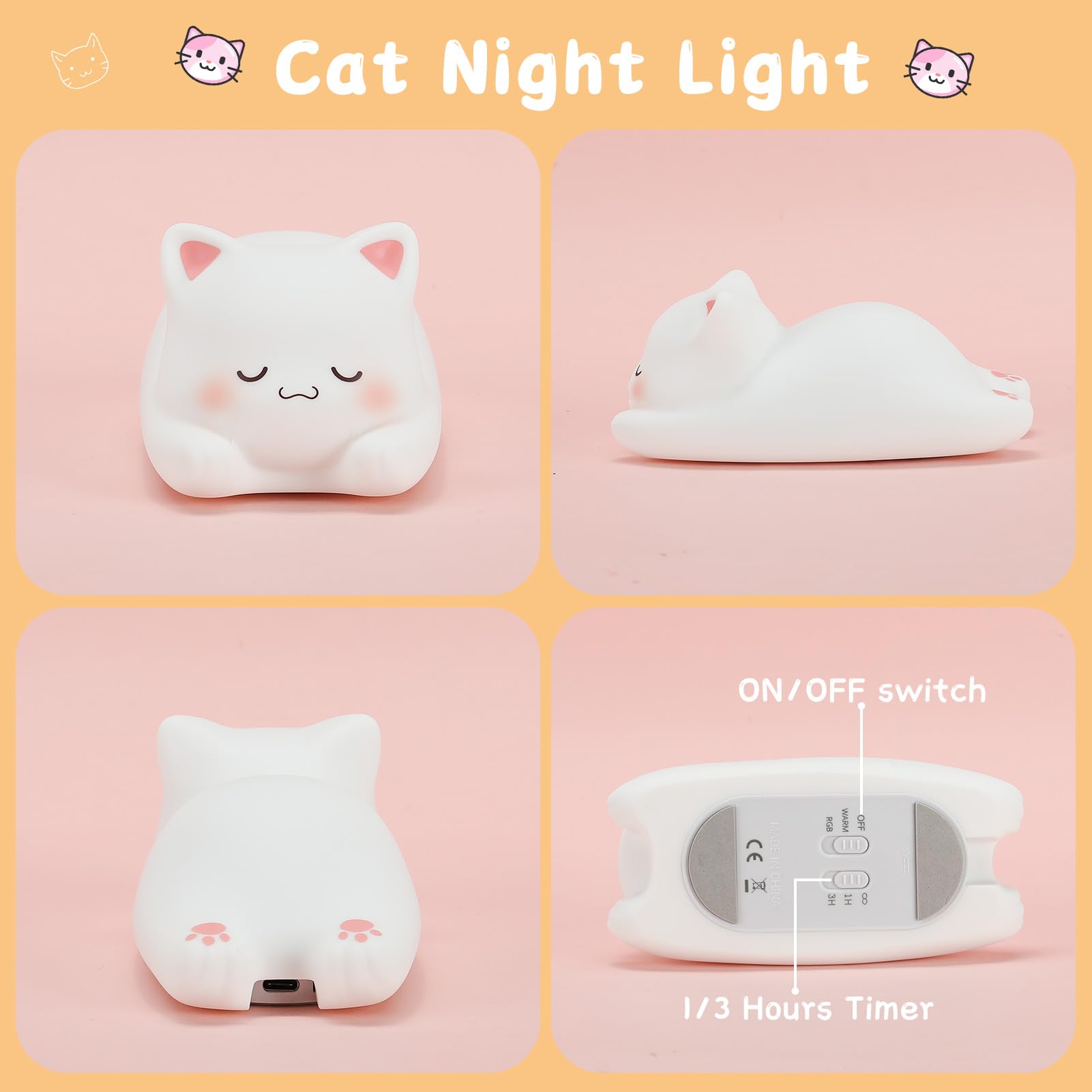 LOVERUIS Cute Night Light for Kids Cat Night Lights Baby Girl Squishy NightLight 1/3 Hour Timer Kitty Light Dimmable Nursery Lam