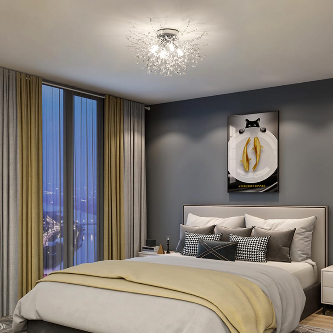 HMVPL Chrome Crystal Mini Firework Chandelier, 4-Light, Modern Design, Model 230401A1, Suitable for Bedroom, Kitchen, Dining Room