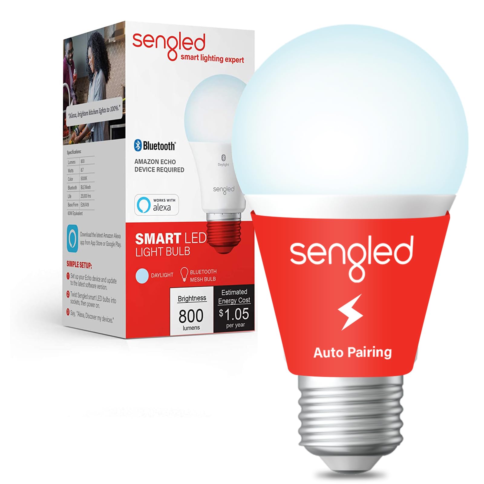 Sengled Smart Light Bulb, Bluetooth Mesh Smart Bulb That Works with Alexa Only, Dimmable LED Blub, 800LM, Day White 5000K, 8.7W 
