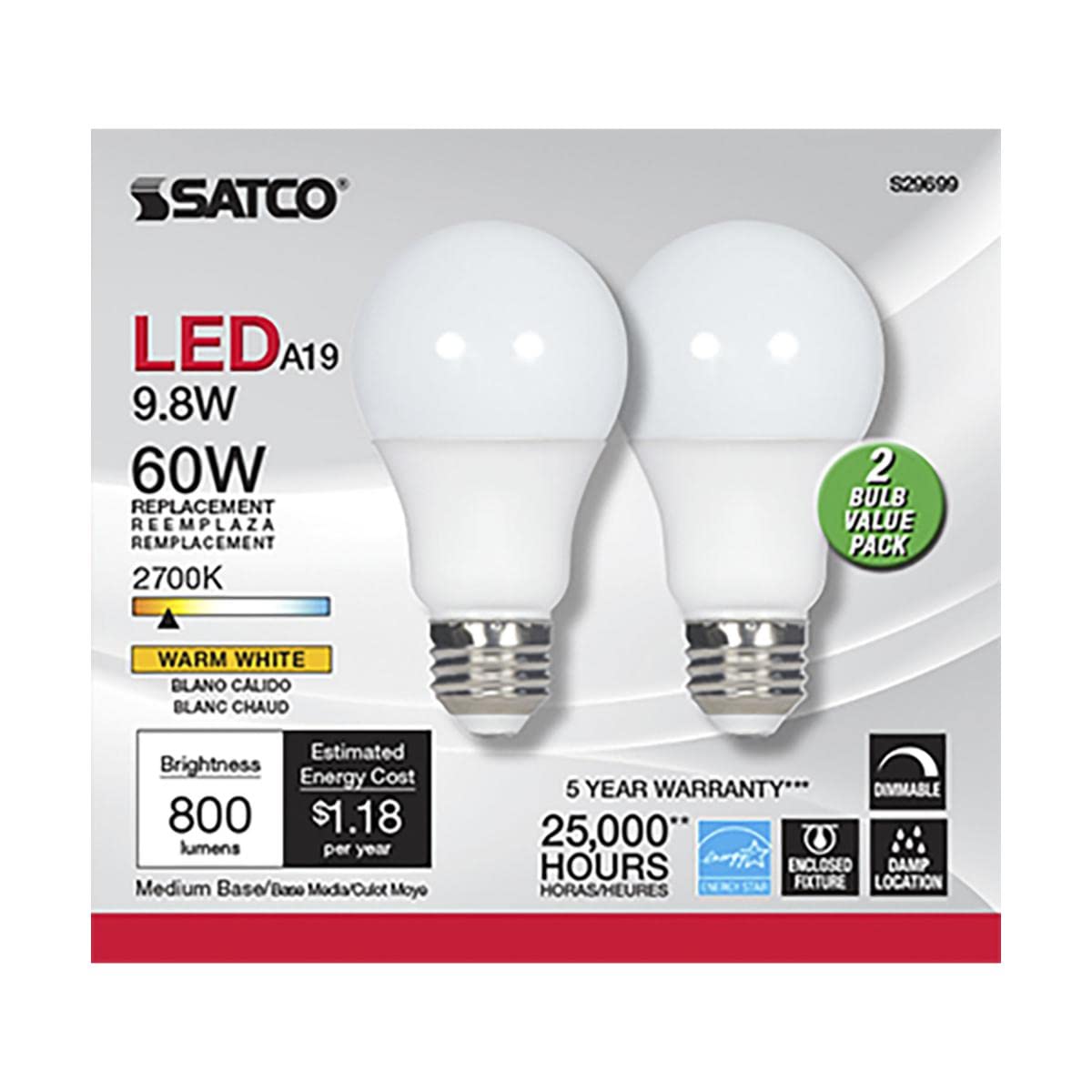 Satco Medium Light Bulb S29699, Frosted White, 4.19 inches, Glass