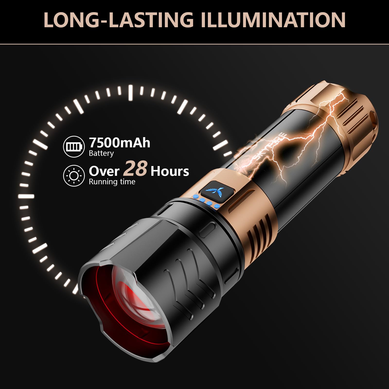 SKYFIRE Rechargeable Flashlight 3000lm Super Bright, Zoomable, Waterproof, Aluminum Alloy, Model SF-1097-Type, Color: Plus