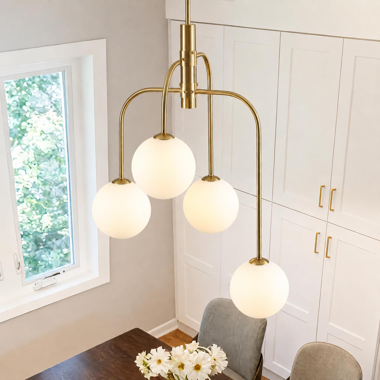 PAKOKULA 4-Light Mid Century Modern Chandelier Milk Glass Globe Chandelier Light Fixture Gold Sputnik Hanging Pendant Light for 