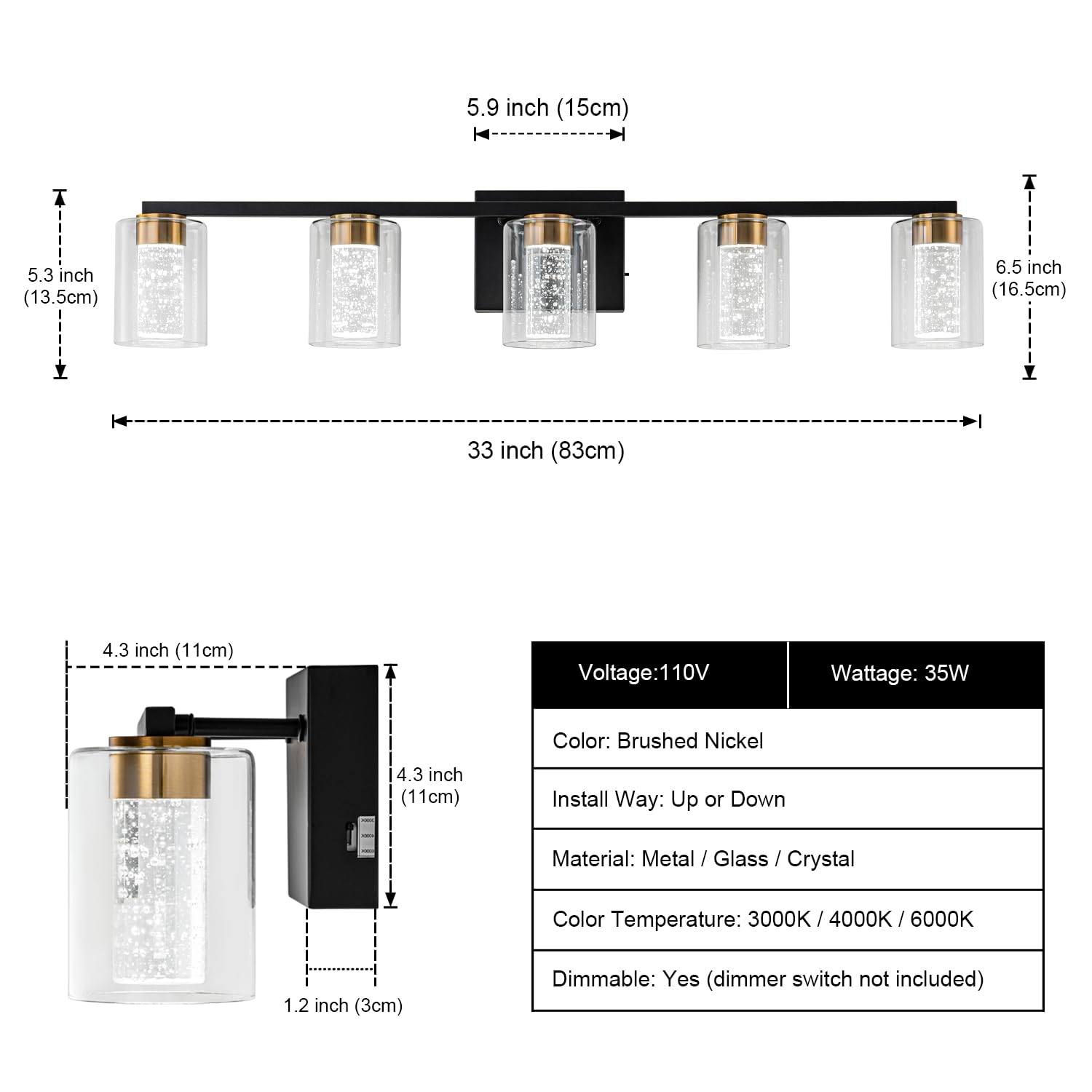 SineRise 5-Light Vanity Light Fixture, Black-Gold, Dimmable LED, Eye Protection, 3 Color Modes, Model af01d95b-88be-413f-aed