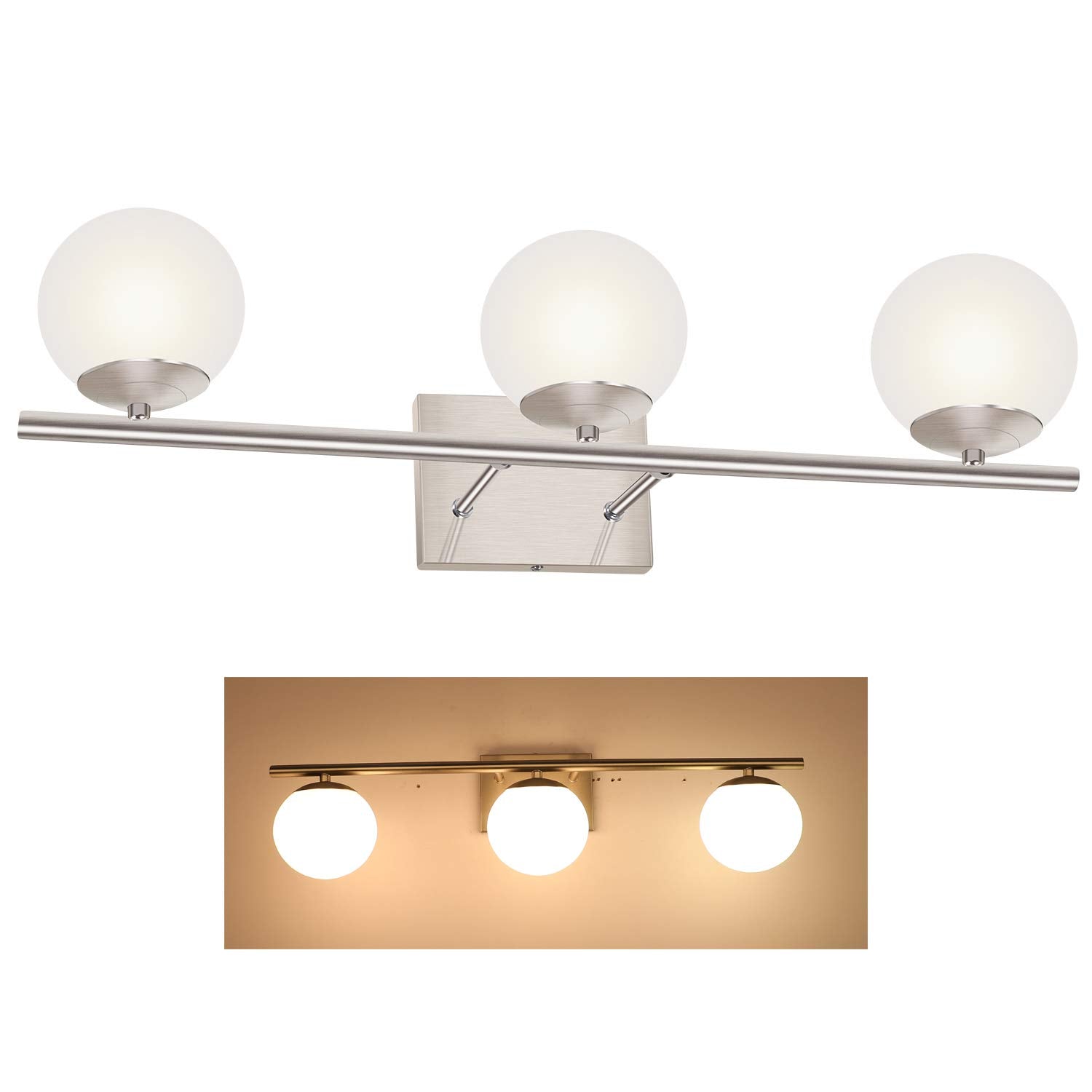 YHTlaeh New Bathroom Vanity Light Fixtures 3 Lights Brushed Nickel Glass Shade Modern Wall Bar Sconce Over Mirror