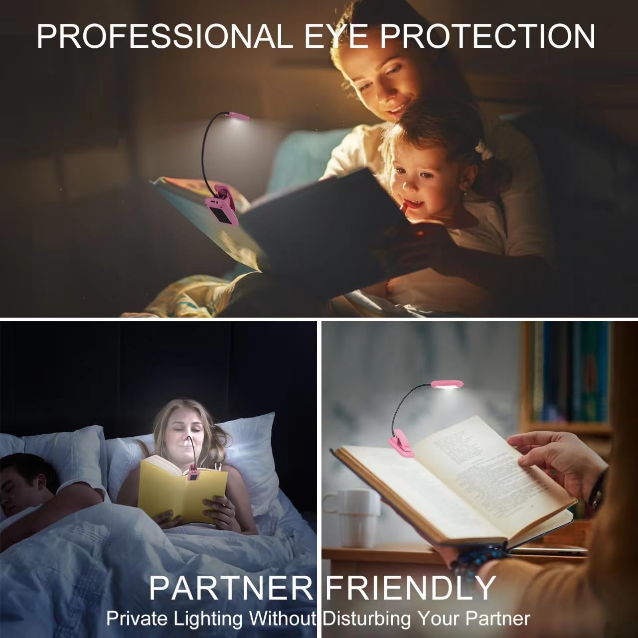 BIGMONAT Rechargeable Book Light, 360° Adjustable, Eye Care Desk Lamp, 1Pack, Pink, Model B94YW-1