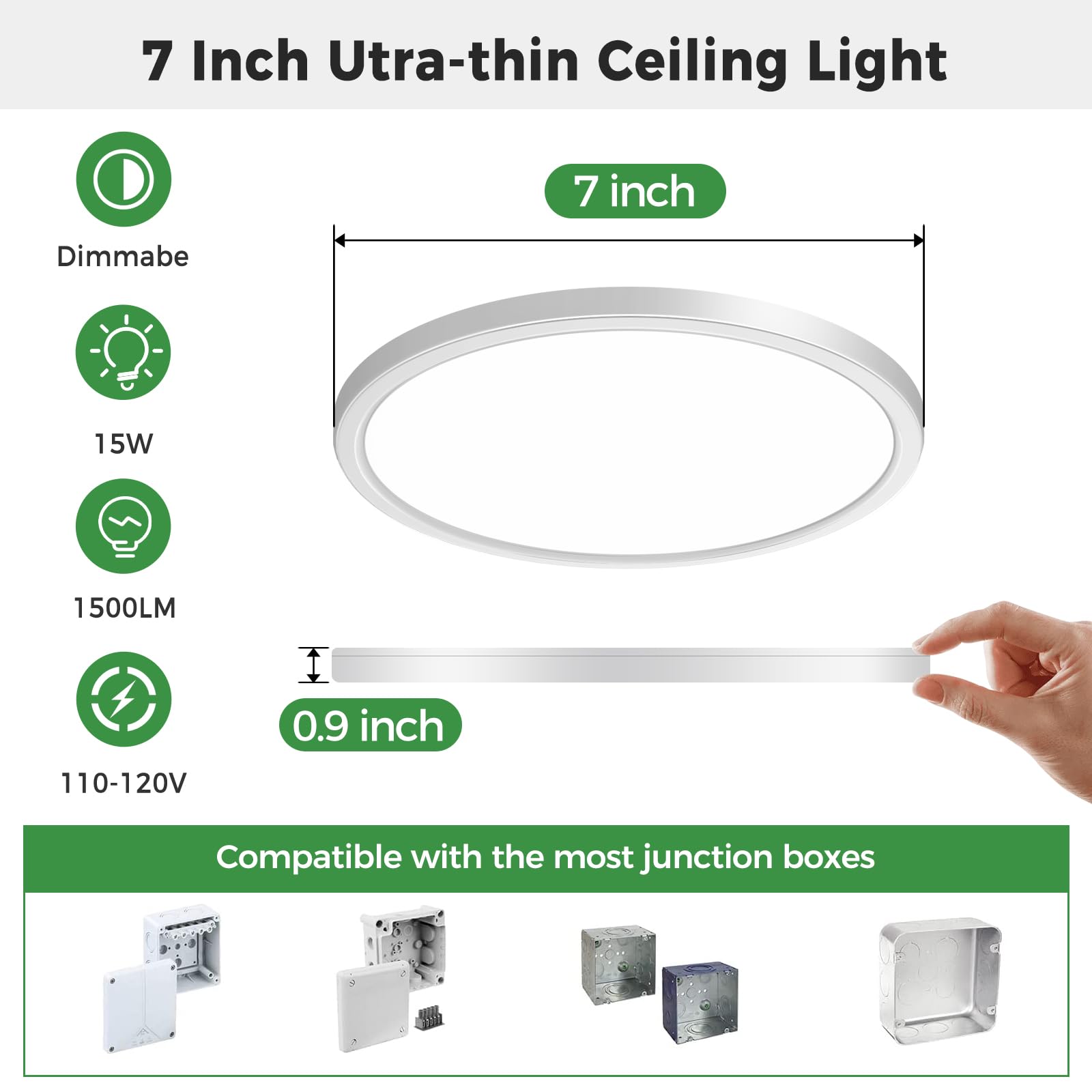 Zemty 7 Inch White Led Ceiling Light Fixture, 3000K/3500K/4000K/5000K/6500K Adjustable Flush Mount Light, 1500Lm 15W Thin Round