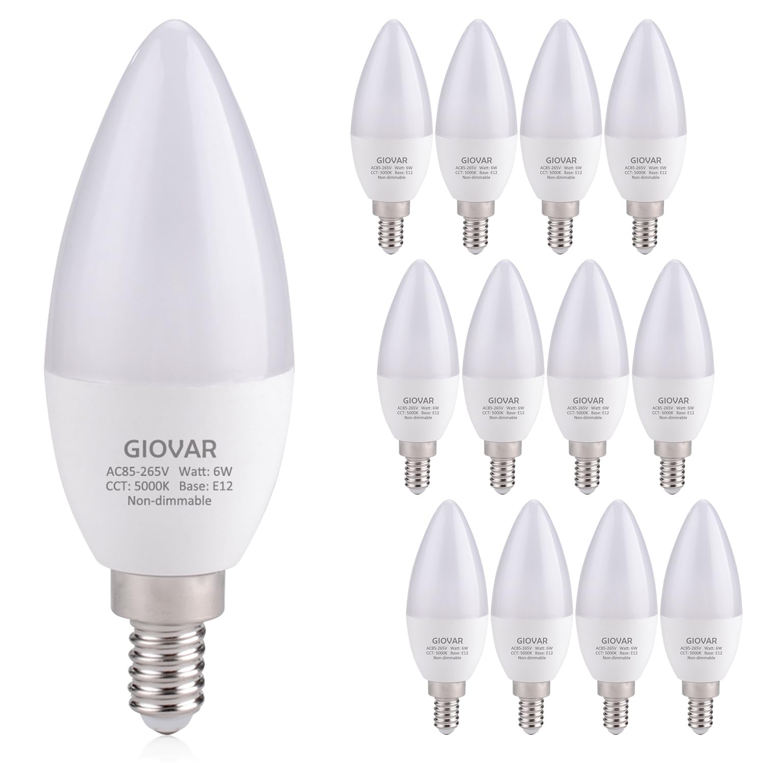 Giovar 12-Pack Led Celing Fan Light Bulbs 60 Watt, Daylight 5000K, E12 Candelabra Bulb Base Socket, 120V, Type B, Non-Dimmable