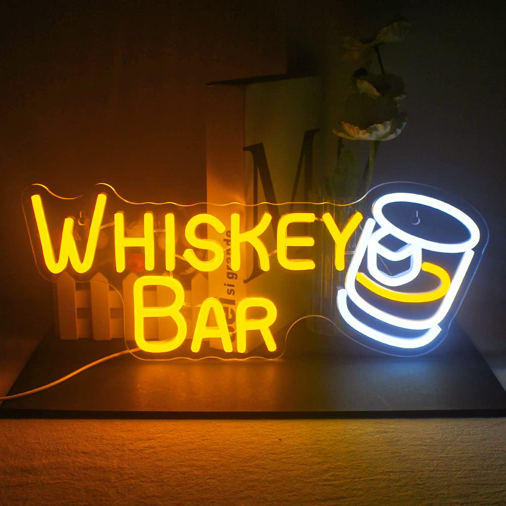 JURONGYILU Whiskey Bar Neon Sign Led Neon Lights For Wall Decor Light Up Bar Signs For Home Bar Cart Restaurant Man Cave Beer Cafe Bistro Club Party Decorations Gift