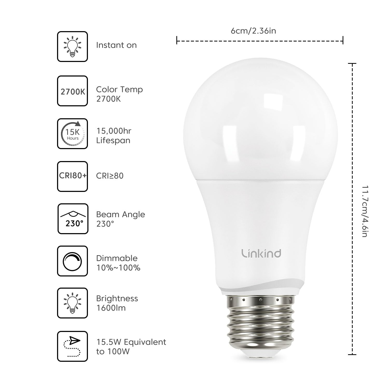 Linkind Dimmable A19 LED Light Bulbs, 100W Equivalent, 2700K Soft White, Pack of 6, E26 Base, 1600 Lumens, UL Listed