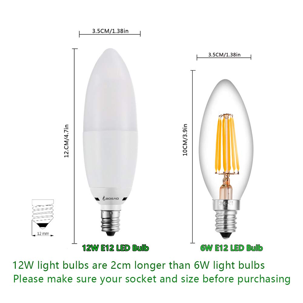 Bogao LED Candelabra Bulb 12W 6000K, 1200 Lumens, E12 Base, Torpedo Shape, 4 Pack, White