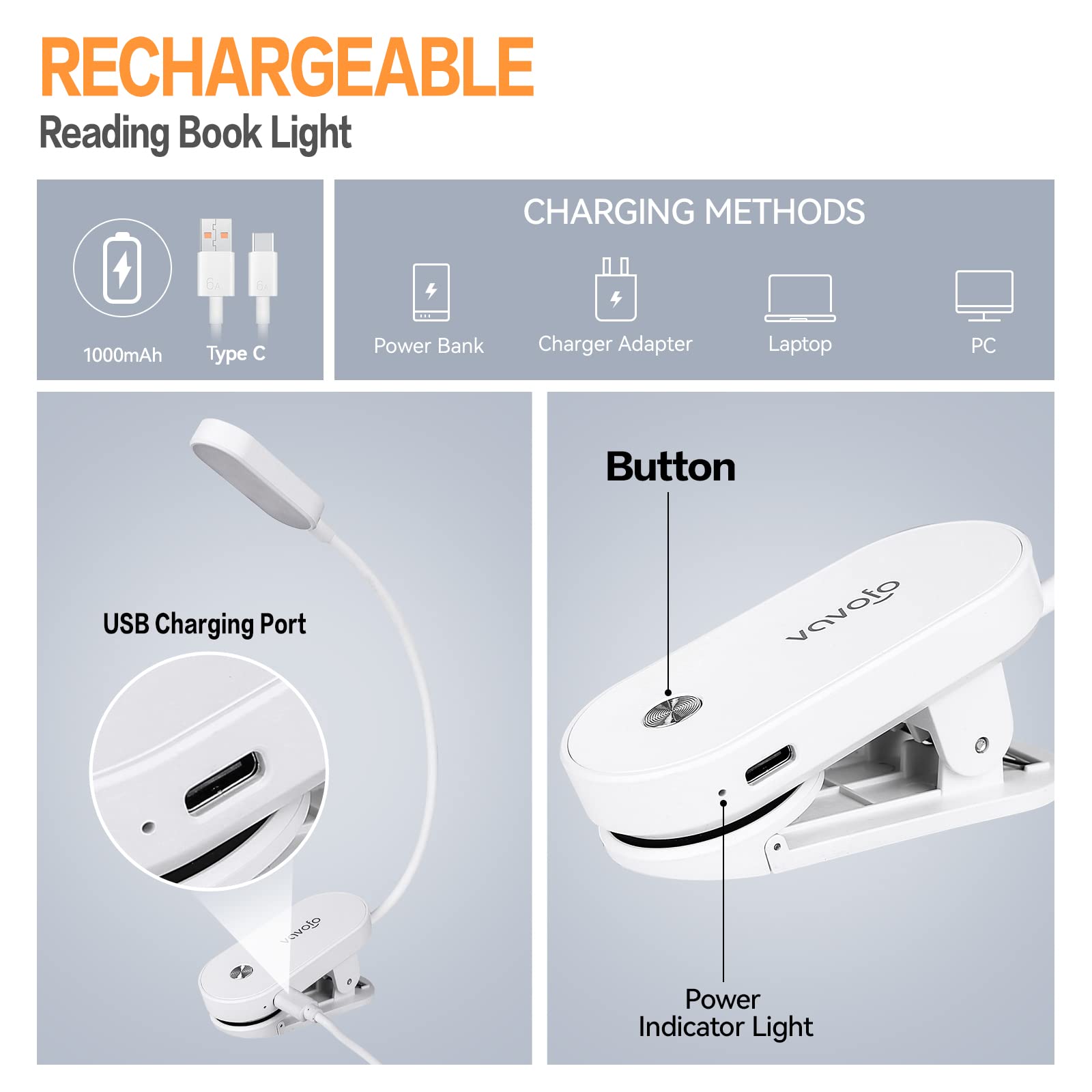 Vavofo Rechargeable Book Light, 14 Leds Eye Care Clip On Amber Reading Light For Bookworms Reading In Bed With 9 Colors 9 Bright