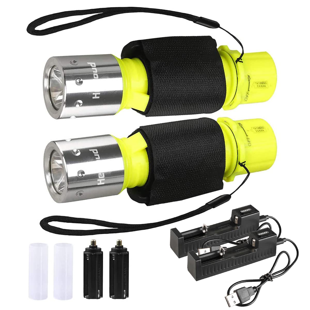 dive flashlight rechargeable Diving Torch, 2 Pack 1000 Lumens IPX8 Waterproof LED Scuba Light, 3 Modes USB Rechargeable Submarine Underwater Flashlight with Battery Charger for