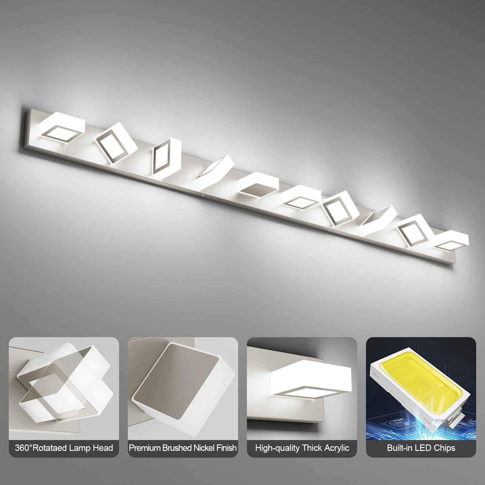 Ralbay 10-Light Brushed Nickel Bathroom Vanity Light Metal Acrylic Modern Led Bathroom Lighting Over Mirror