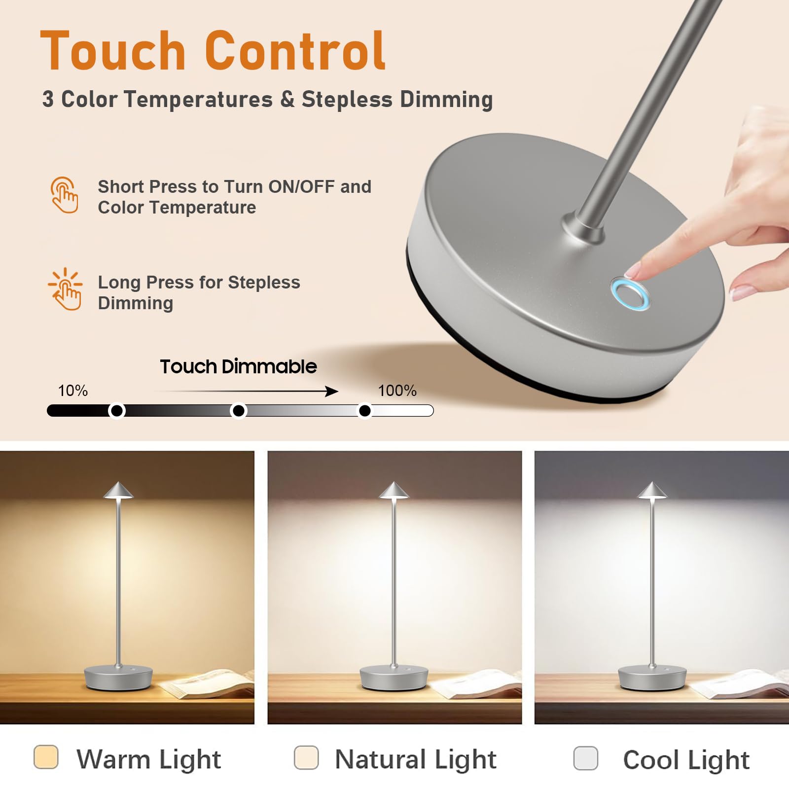 Tpczqj Rechargeable Cordless Table Lamp, 6000mAh LED, Touch Control, Waterproof, Silver, Model x12