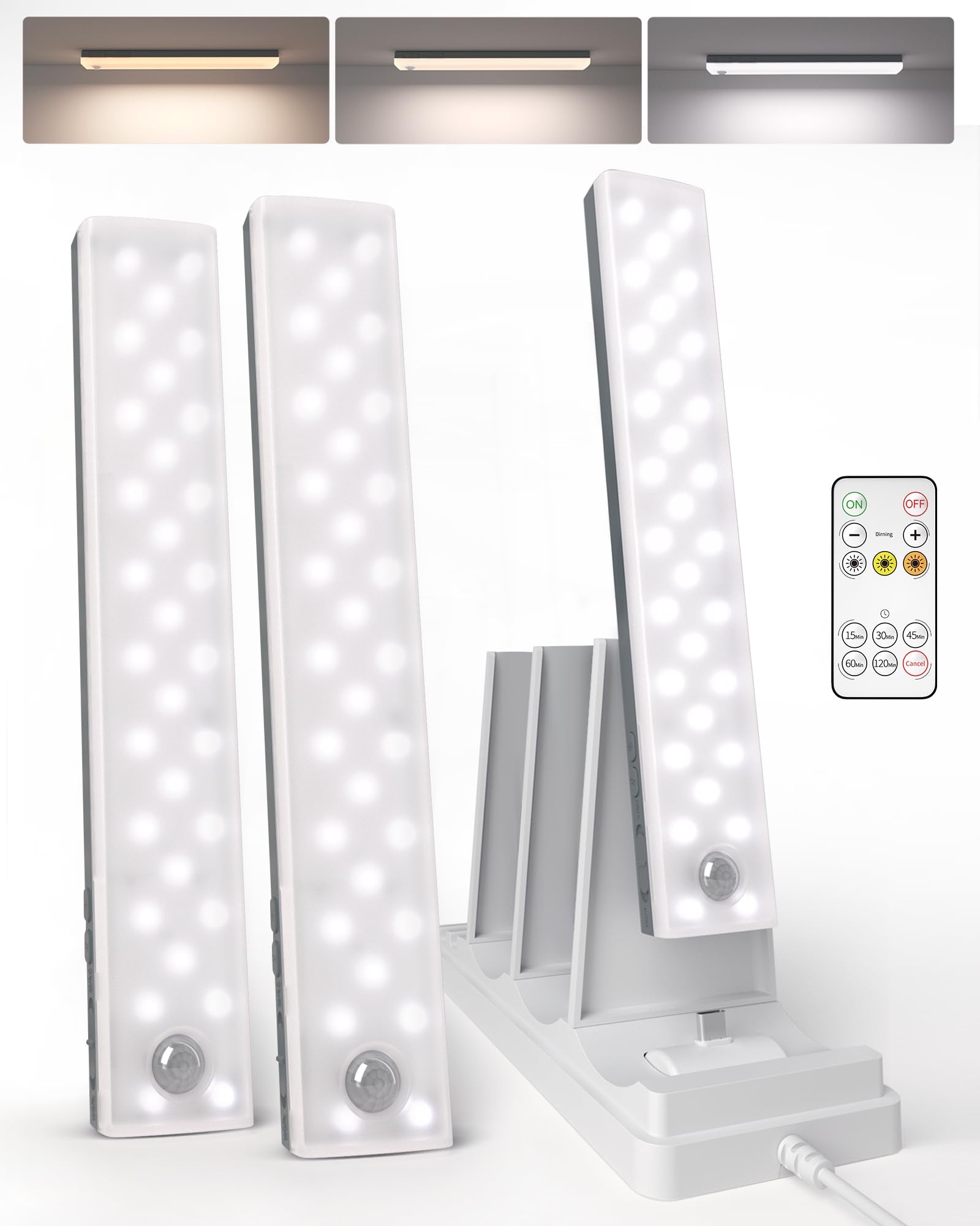 EZVALO 62 LED Under Cabinet Lighting with Charging Station, Rechargeable Motion Sensor Lights, 3 Color Temps, Dimmable Wireless 